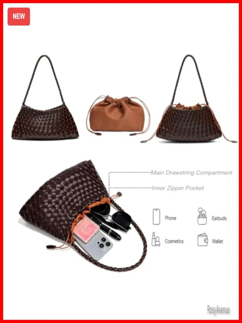 Women's Hand-Woven Faux Leather Slouchy Hobo Shoulder Bag with Detachable